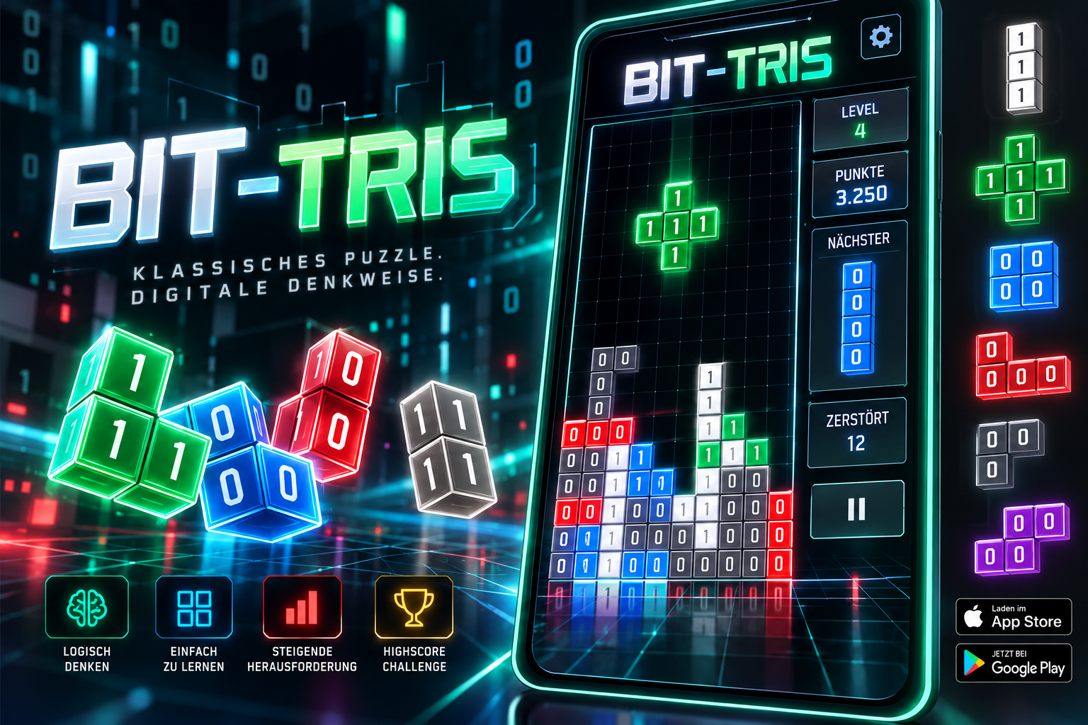 Bit-Tris in einer futuristischen Gaming-Umgebung mit leuchtenden binären Spielblöcken